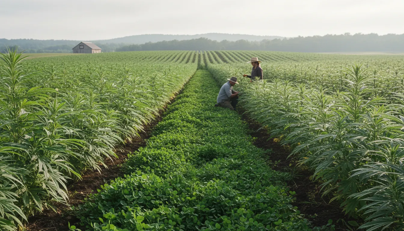 Green cover crops growing between hemp cultivation rows