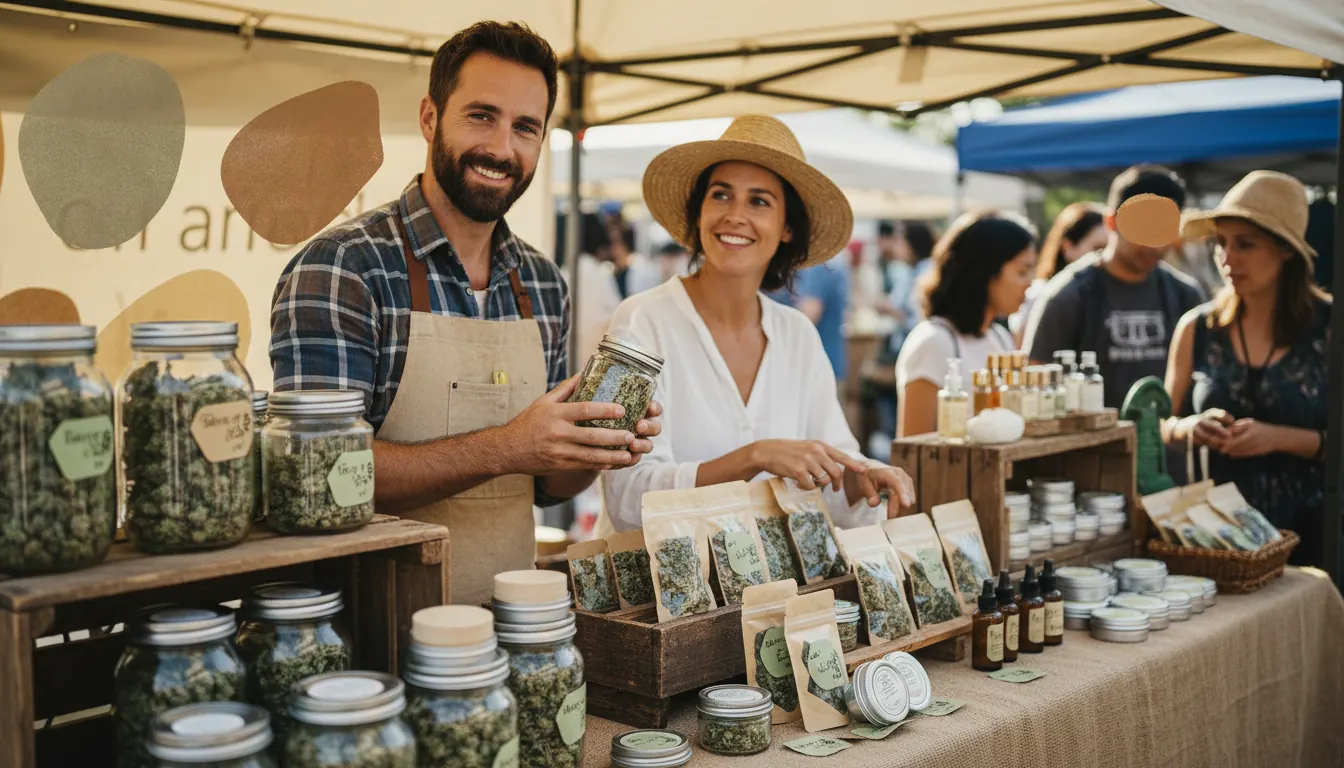 Farmers market booth displaying organic hemp flower products
