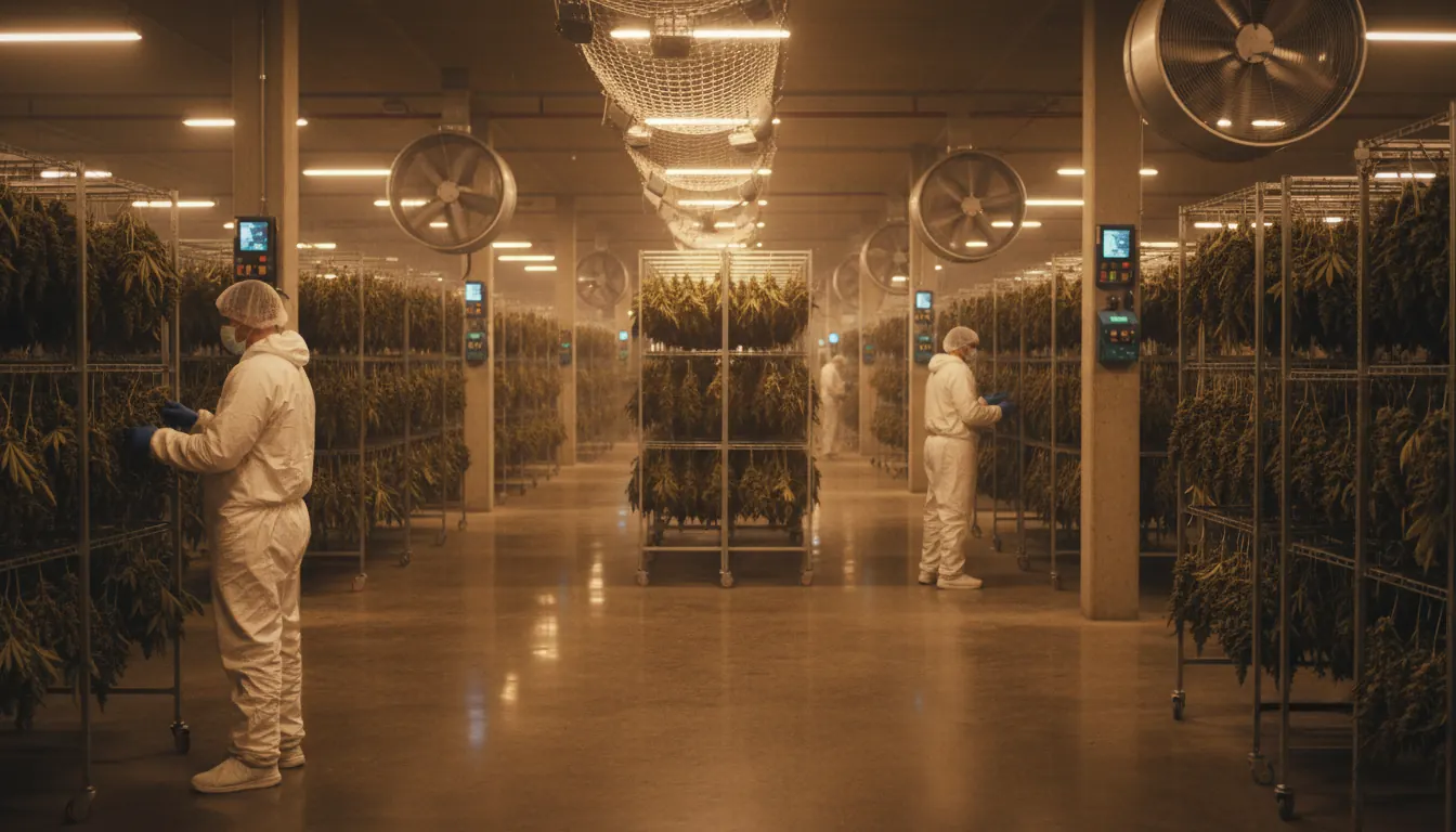 Hemp flower drying in temperature-controlled facility