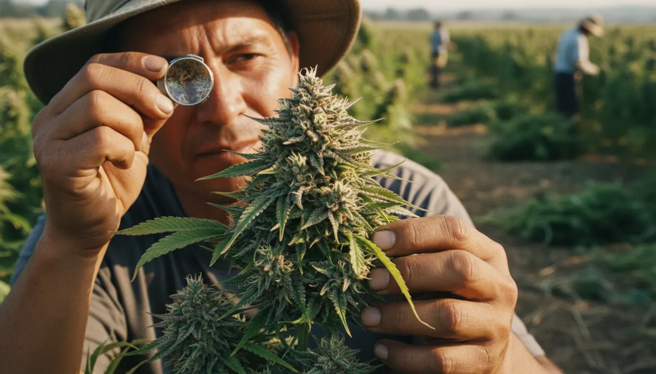 Farm worker examining hemp flower trichomes during harvest
