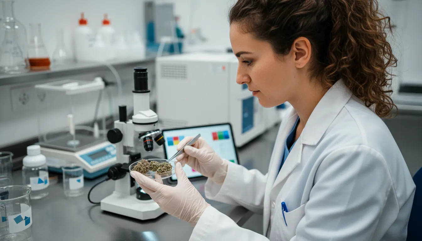 Laboratory technician analyzing hemp flower samples for quality certification