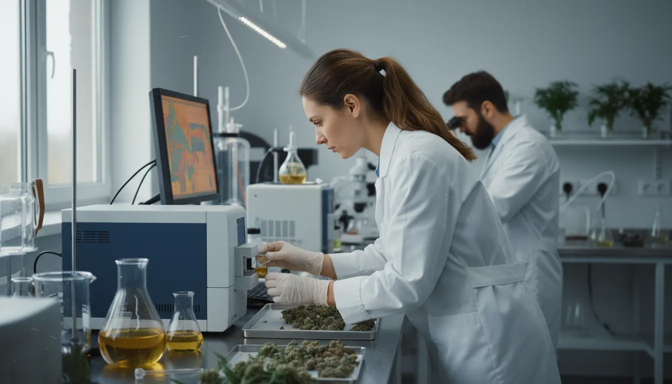 Scientific testing equipment analyzing hemp flower samples