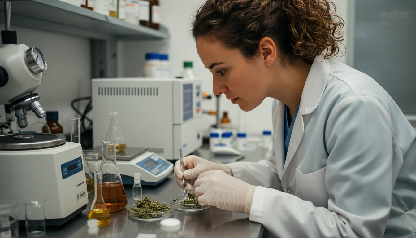 Laboratory technician conducting hemp flower analysis with testing equipment