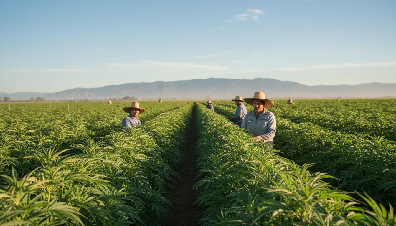 Rows of organic hemp plants growing under California sunshine
