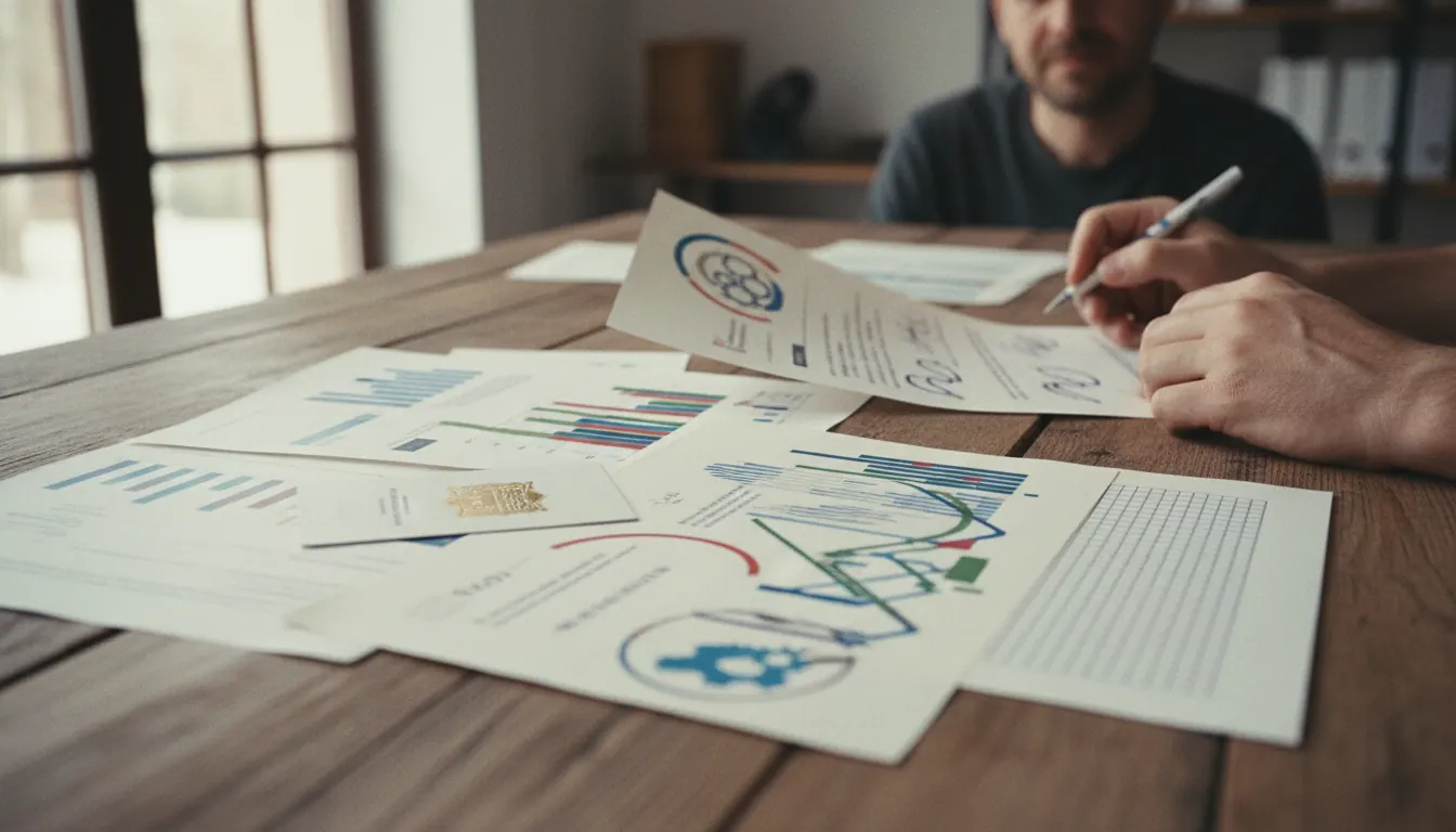 Quality control documents and certificates spread on desk