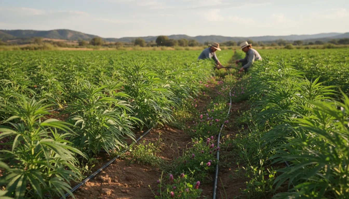 Organic hemp field with drip irrigation and cover crops